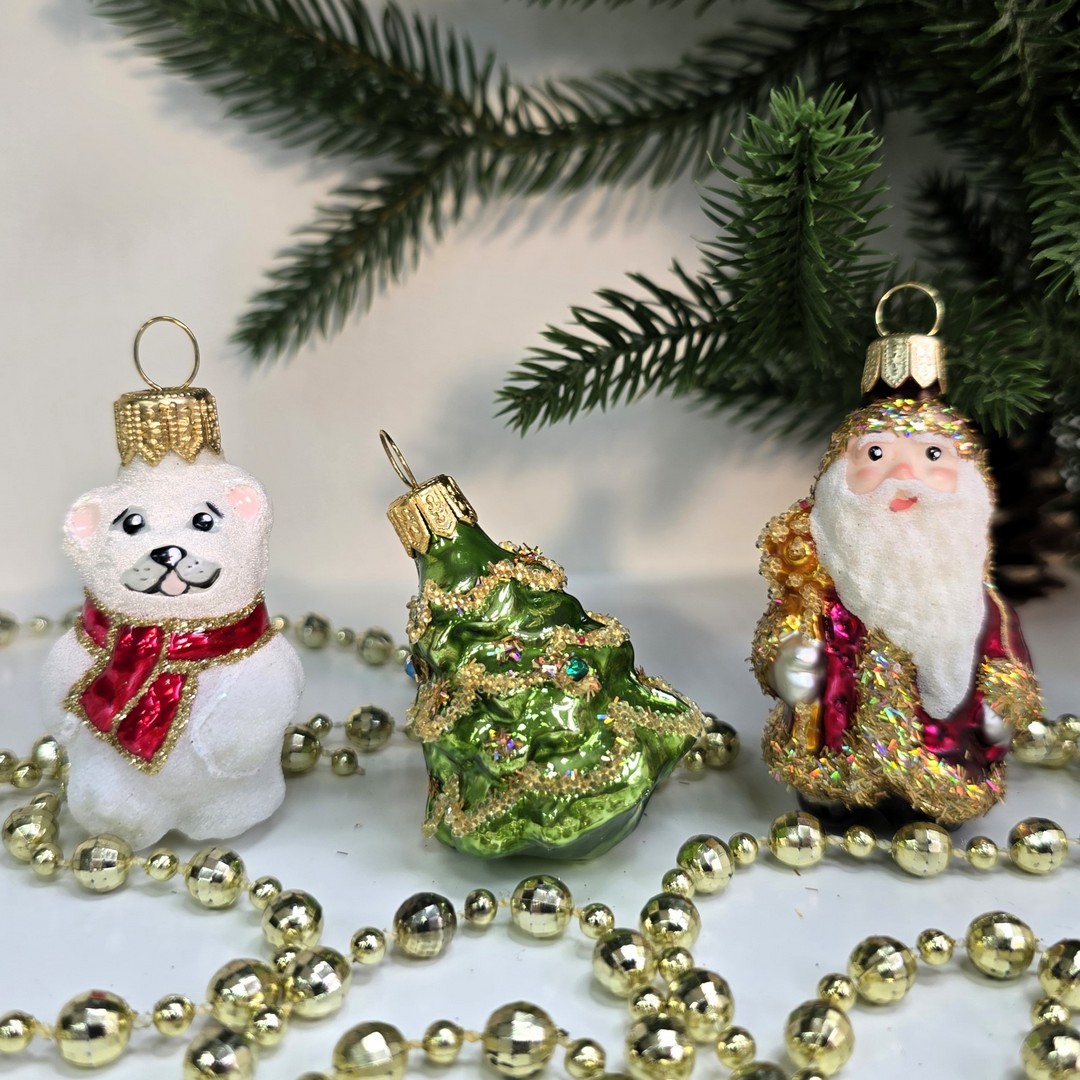 фото Набор стеклянных ёлочных игрушек Irena-Co Дед Мороз, елочка и мишка