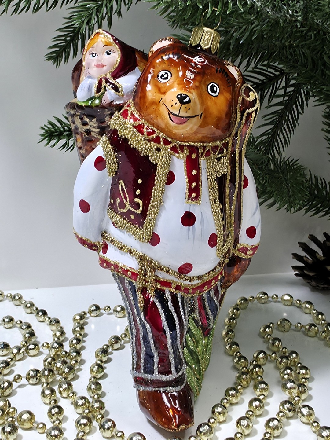 фото Стеклянная елочная игрушка Мишка с девочкой