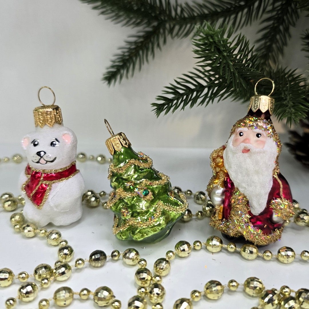 фото Набор стеклянных ёлочных игрушек Irena-Co Дед Мороз, елочка и мишка