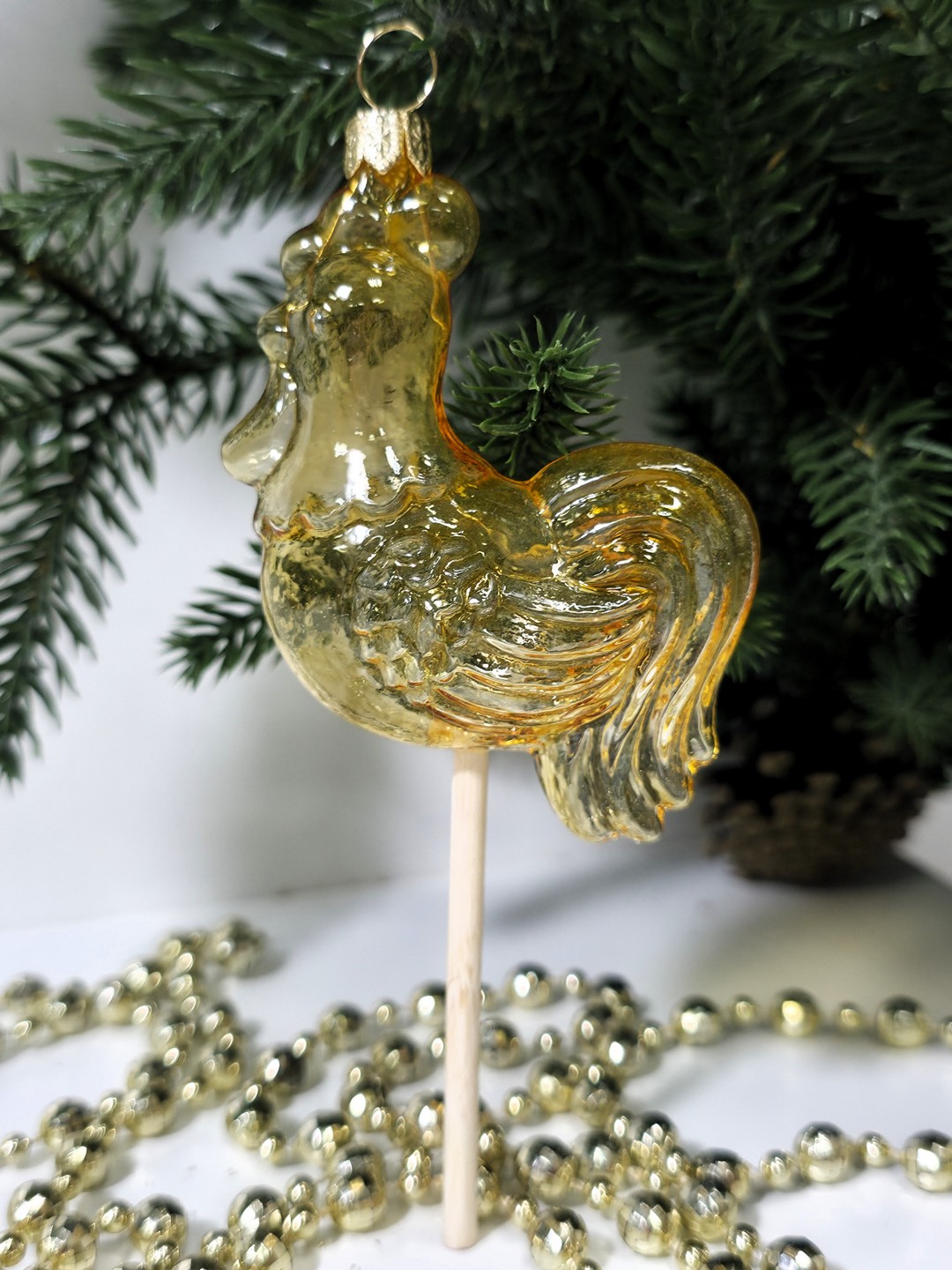 фото Стеклянная елочная игрушка Петушок на палочке