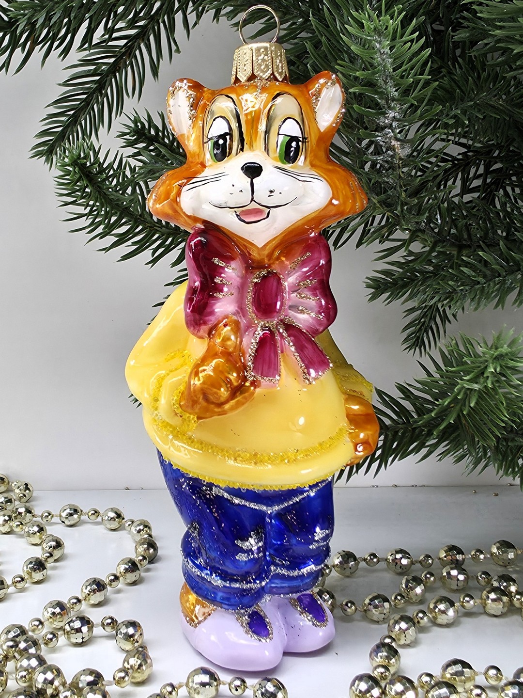 фото Стеклянная елочная игрушка Кот с бантом