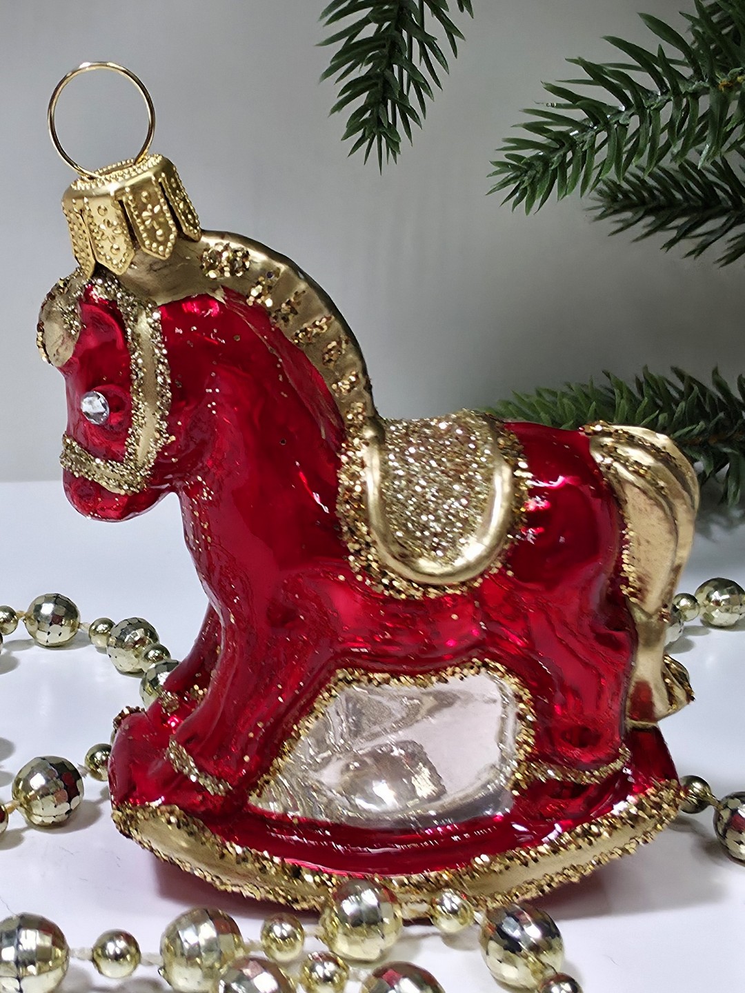 фото Стеклянная елочная игрушка Лошадка качалка