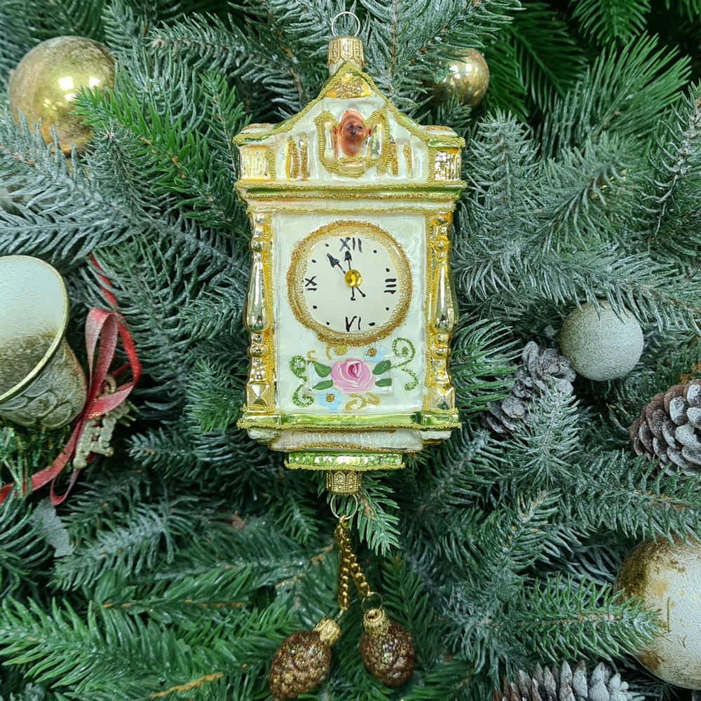 фото Стеклянная елочная игрушка Часы с кукушкой большие Версаль