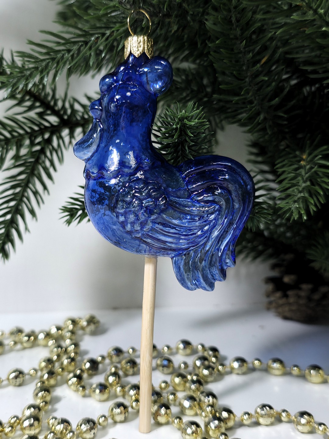 фото Стеклянная елочная игрушка Петушок на палочке