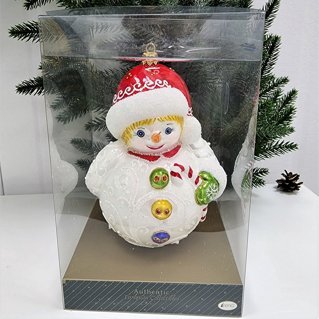 фото Стеклянная елочная игрушка Снеговик большой
