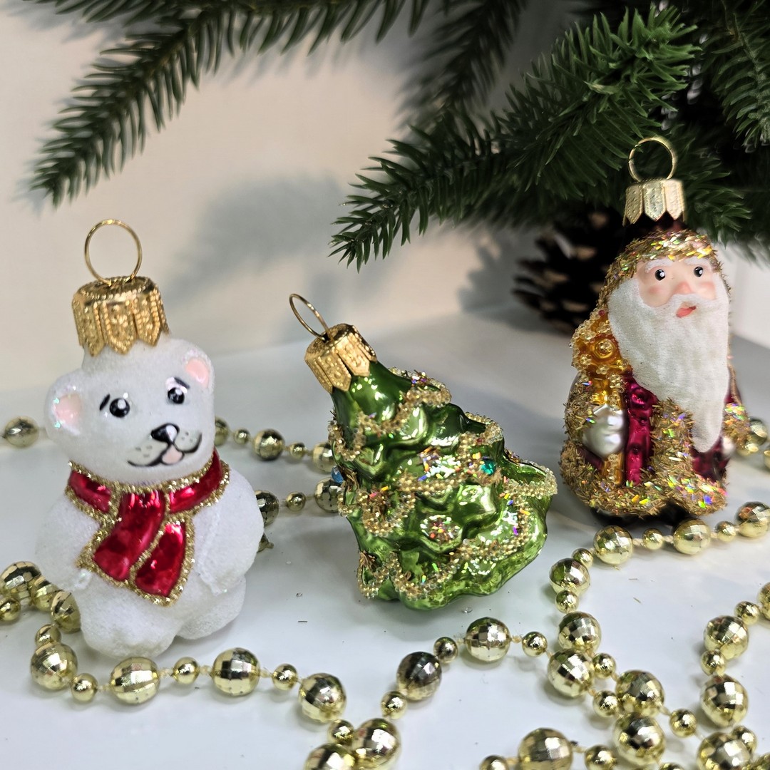 фото Набор стеклянных ёлочных игрушек Irena-Co Дед Мороз, елочка и мишка