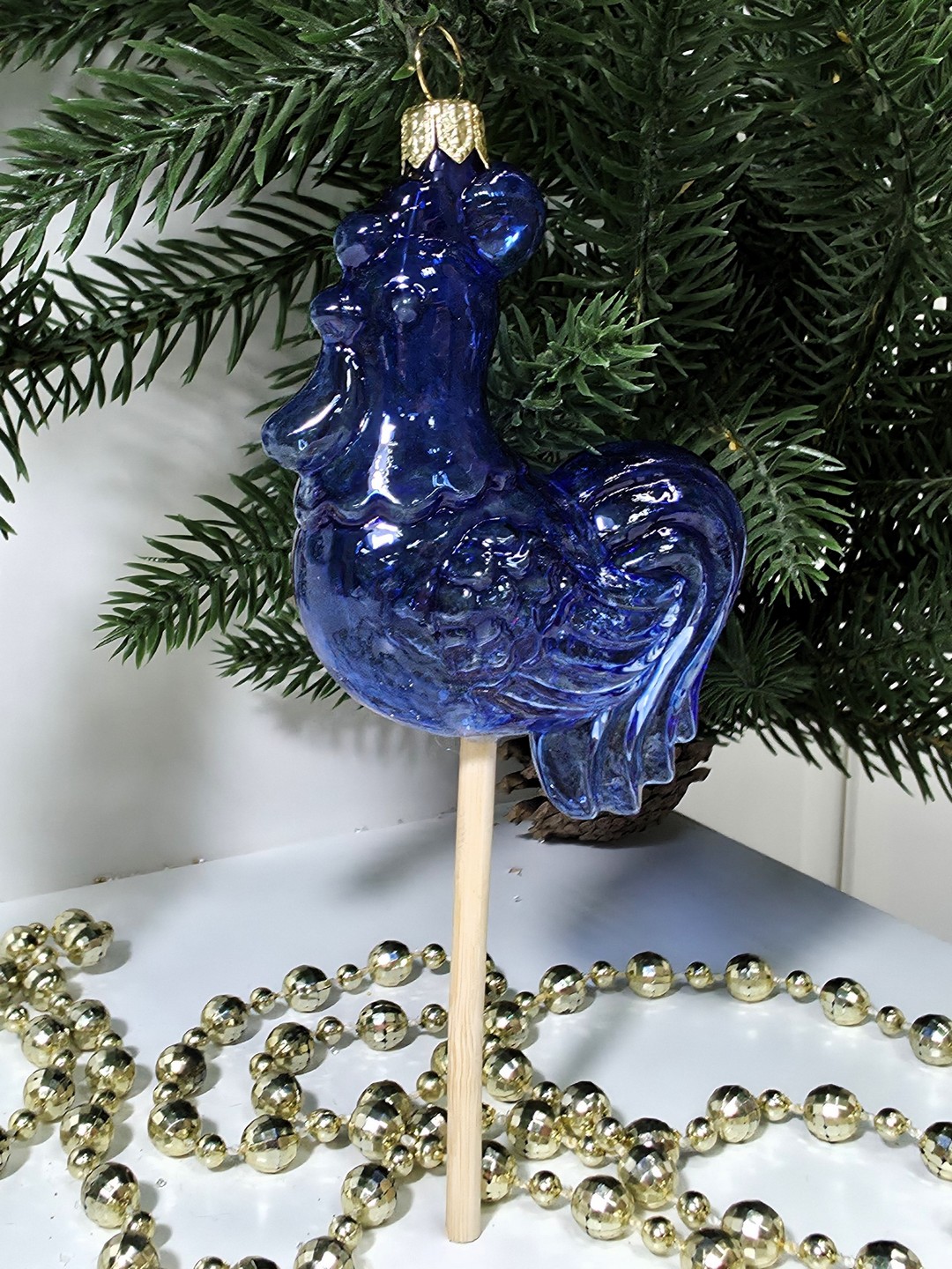 фото Стеклянная елочная игрушка Петушок на палочке