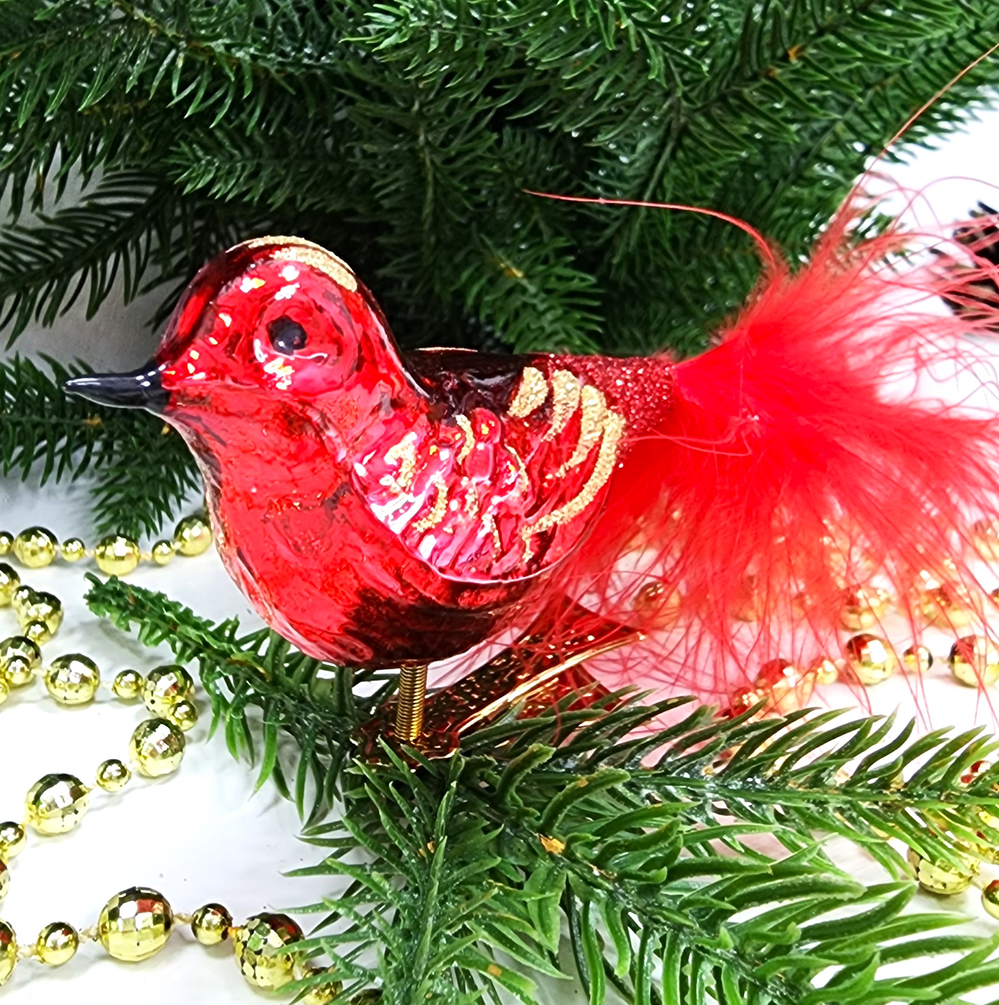 фото Стеклянная елочная игрушка Птичка на прищепке красная