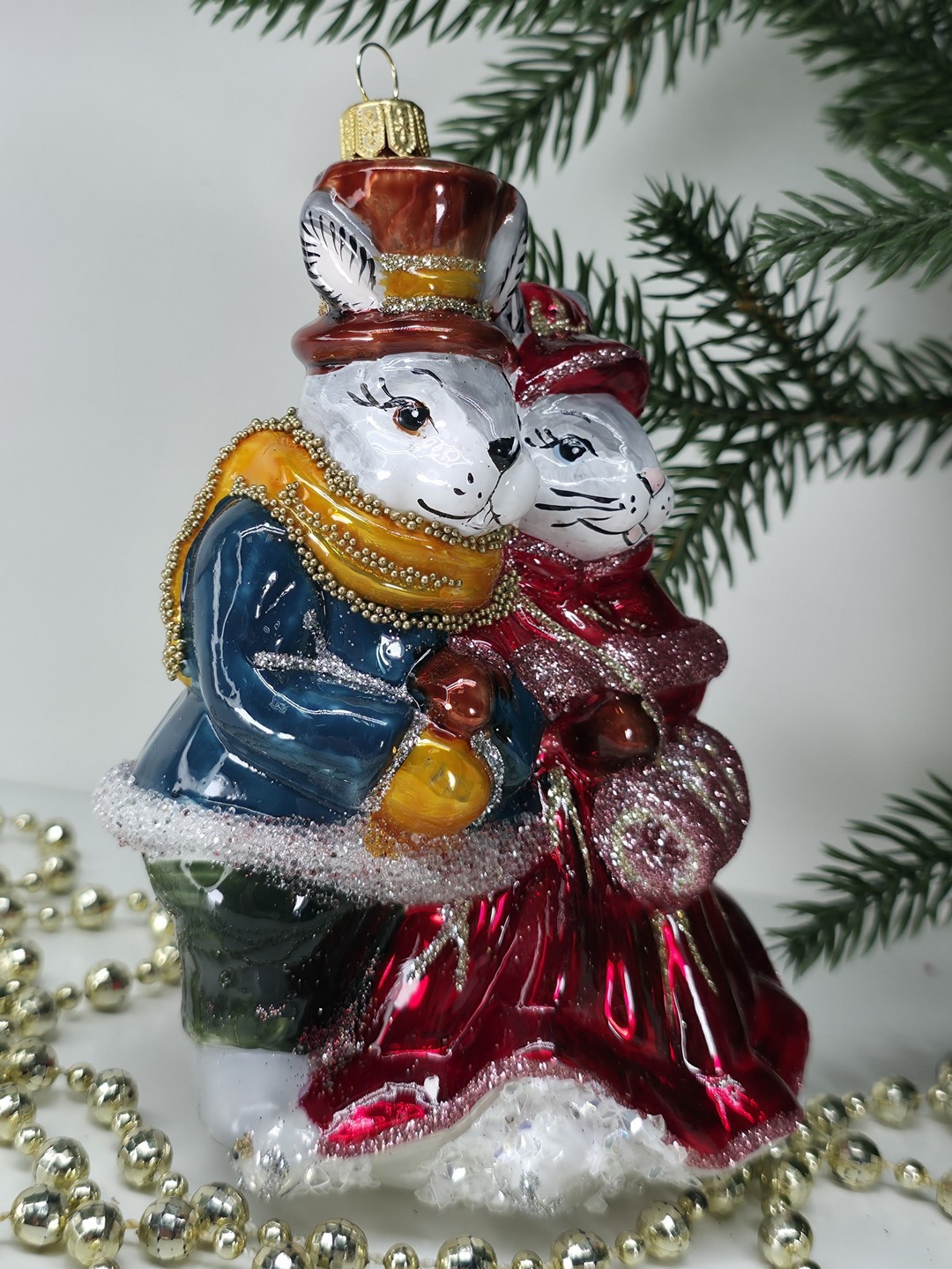 фото Стеклянная елочная игрушка Парочка Зайчат