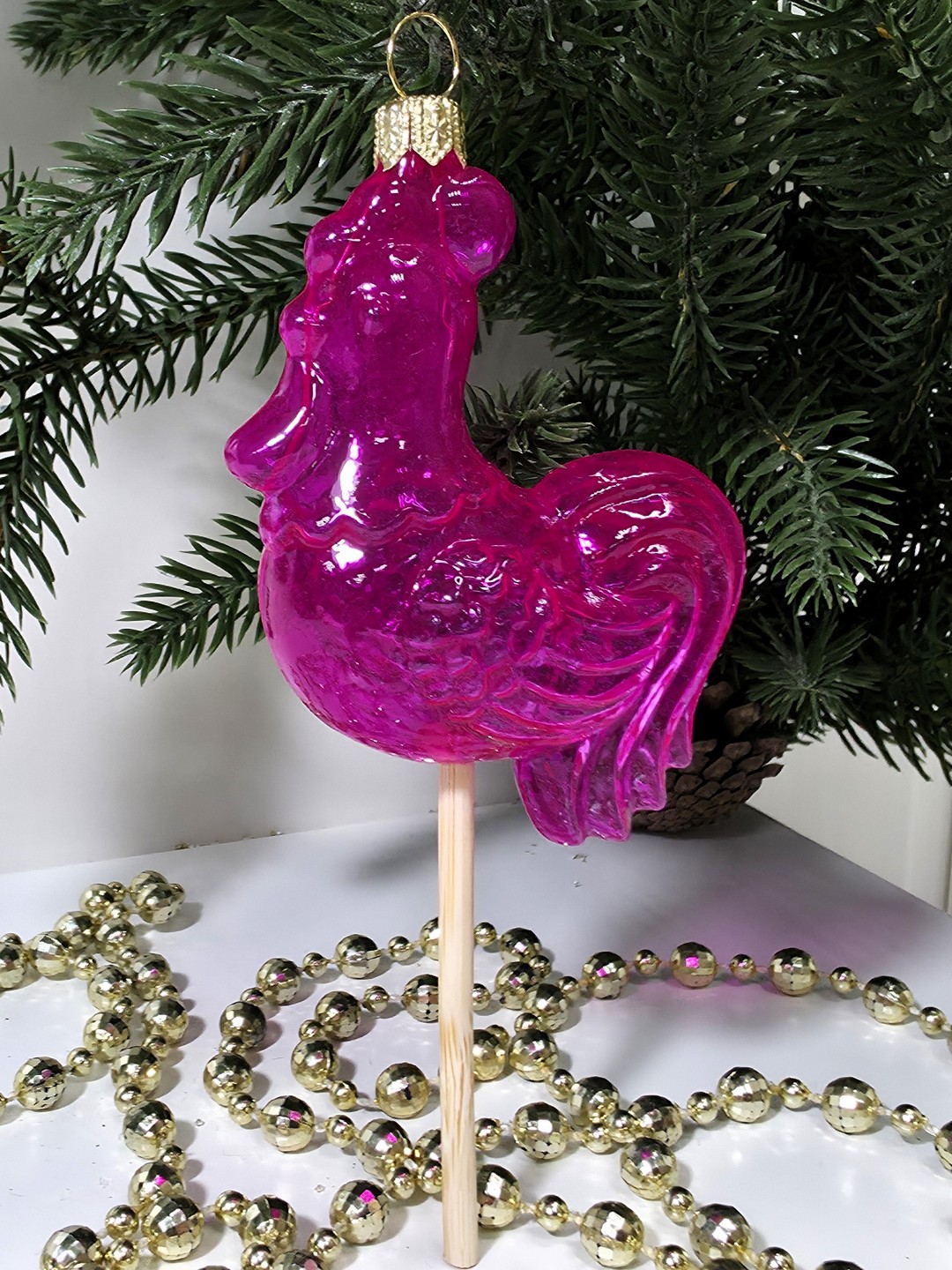 фото Стеклянная елочная игрушка Петушок на палочке