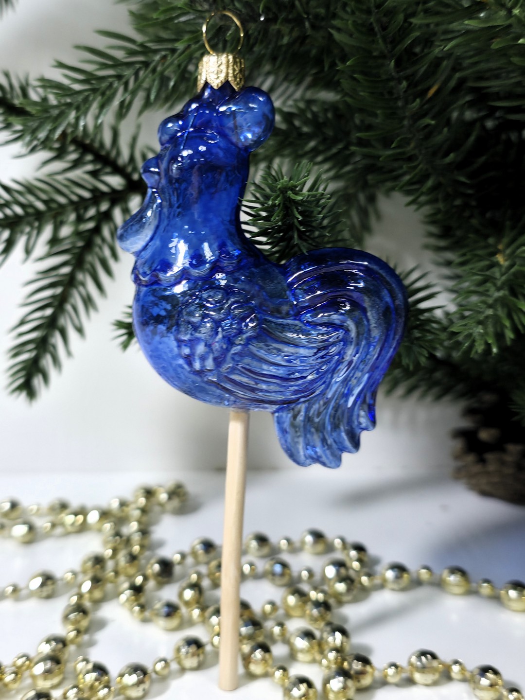 фото Стеклянная елочная игрушка Петушок на палочке