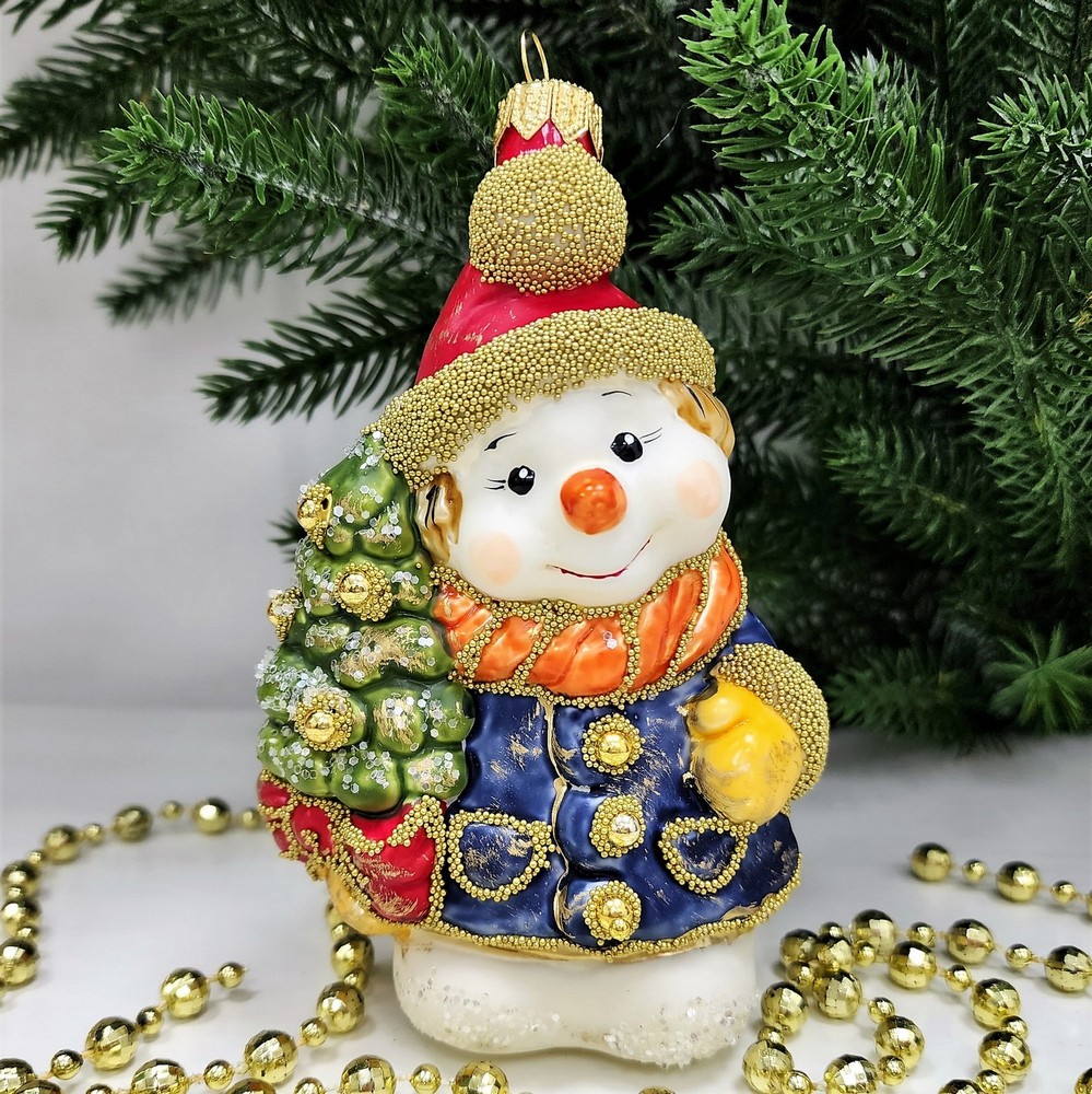фото Стеклянная елочная игрушка Снеговик с елкой винтаж