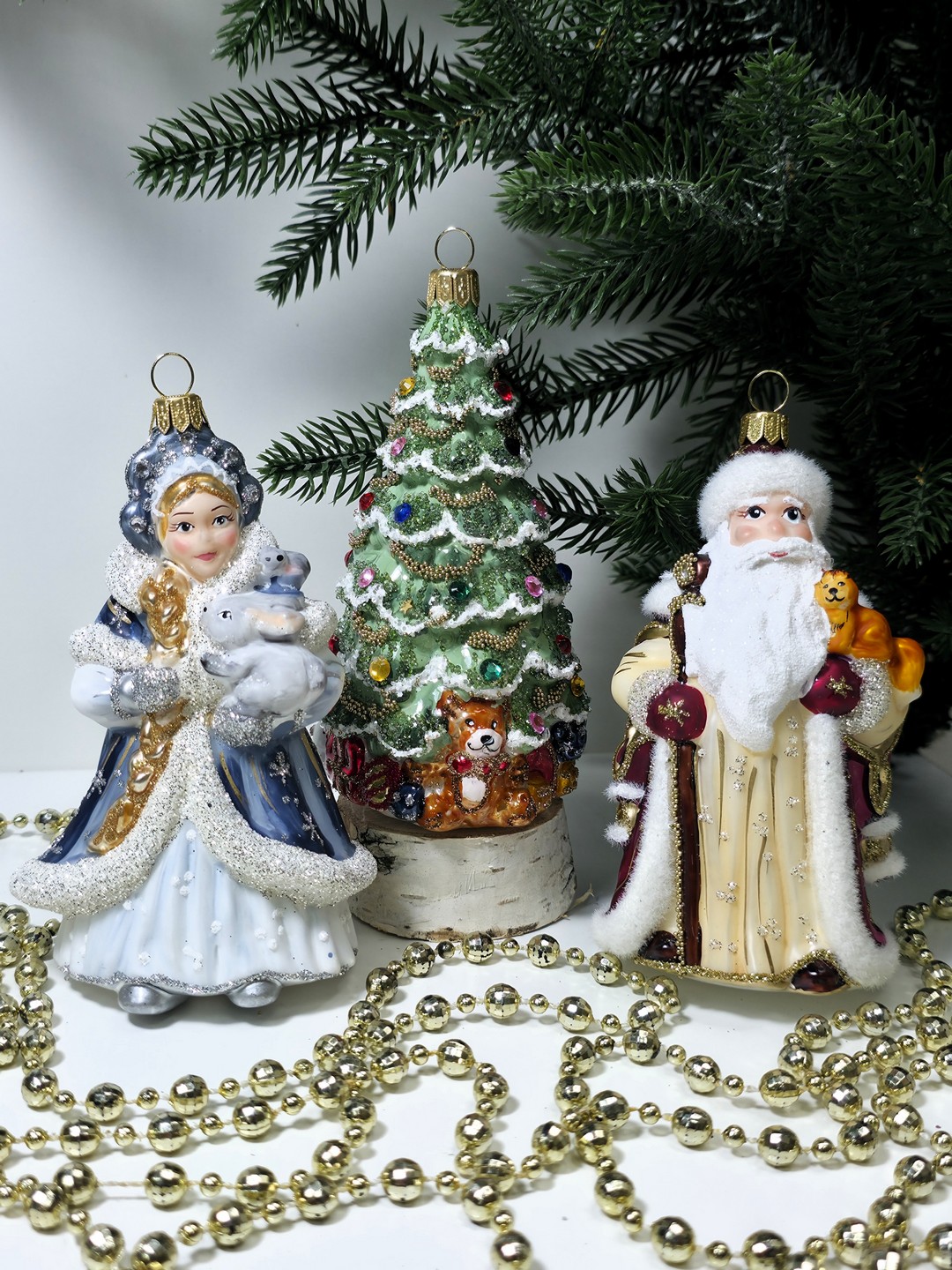 фото Набор ёлочных игрушек Дед Мороз, Снегурочка и елка