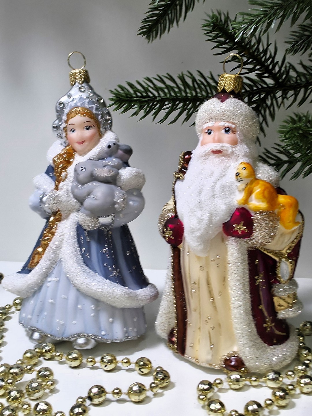 фото Набор ёлочных игрушек Дед Мороз с белкой и Снегурочка с зайцем