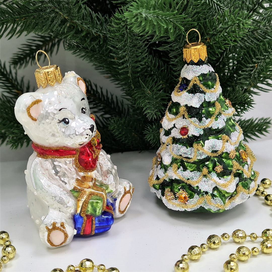 фото Набор ёлочных игрушек Мишка с подарками и елка