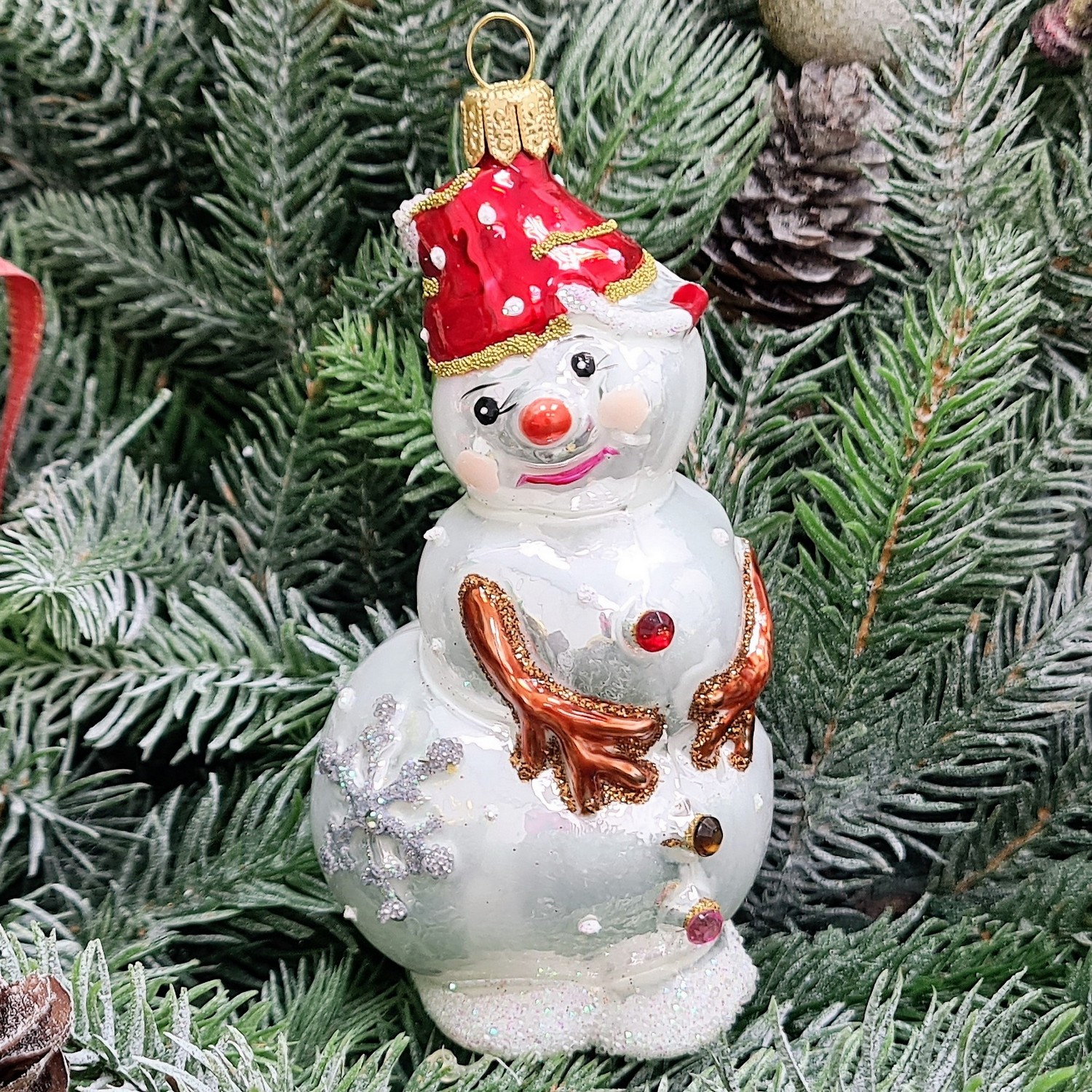 фото Стеклянная елочная игрушка Снеговик лесной