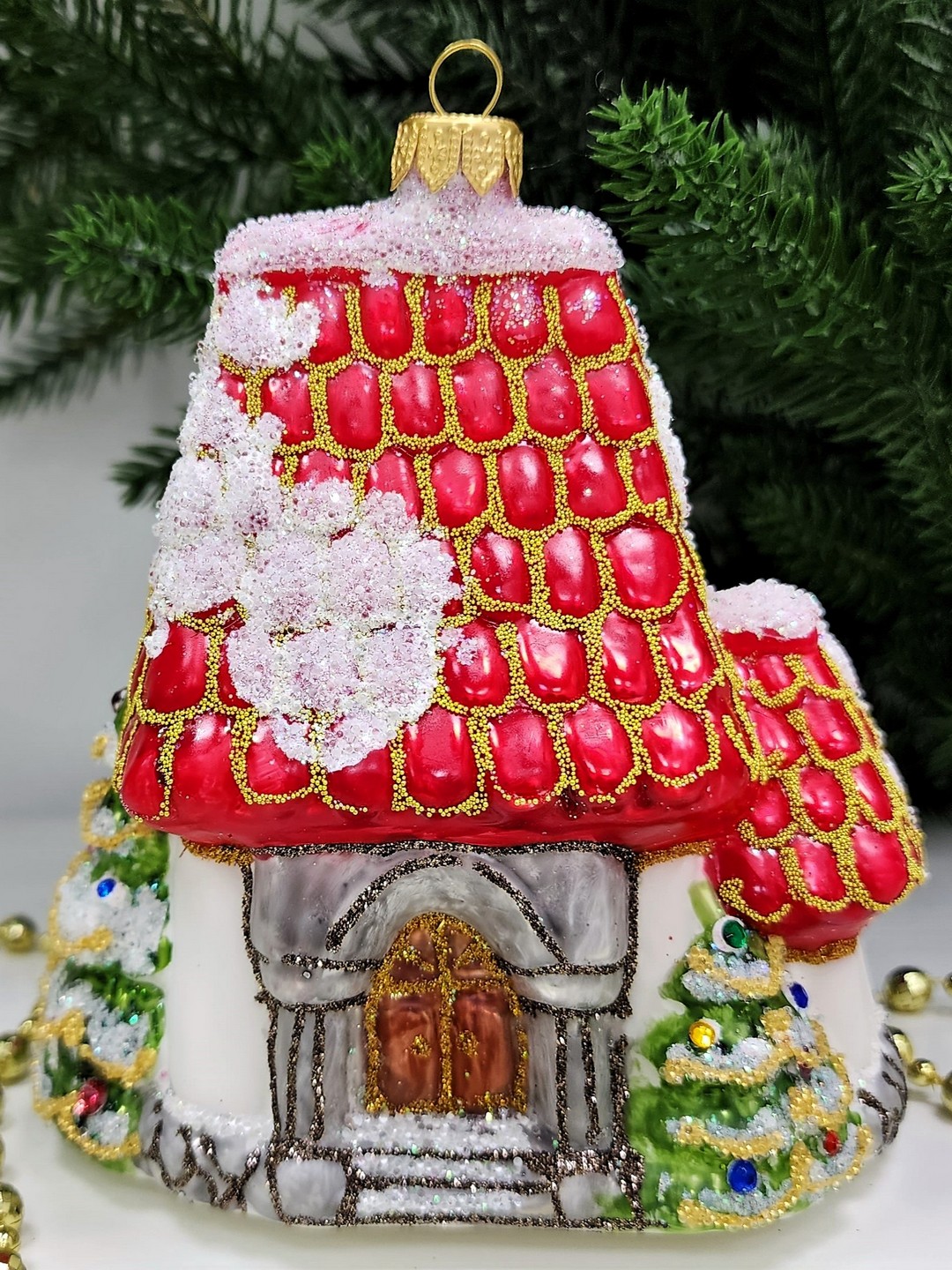 фото Стеклянная елочная игрушка Домик Мельница