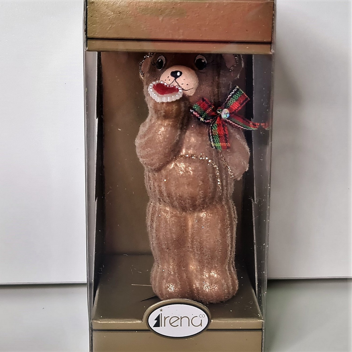 фото Стеклянная елочная игрушка Мишка вельвет коричневый