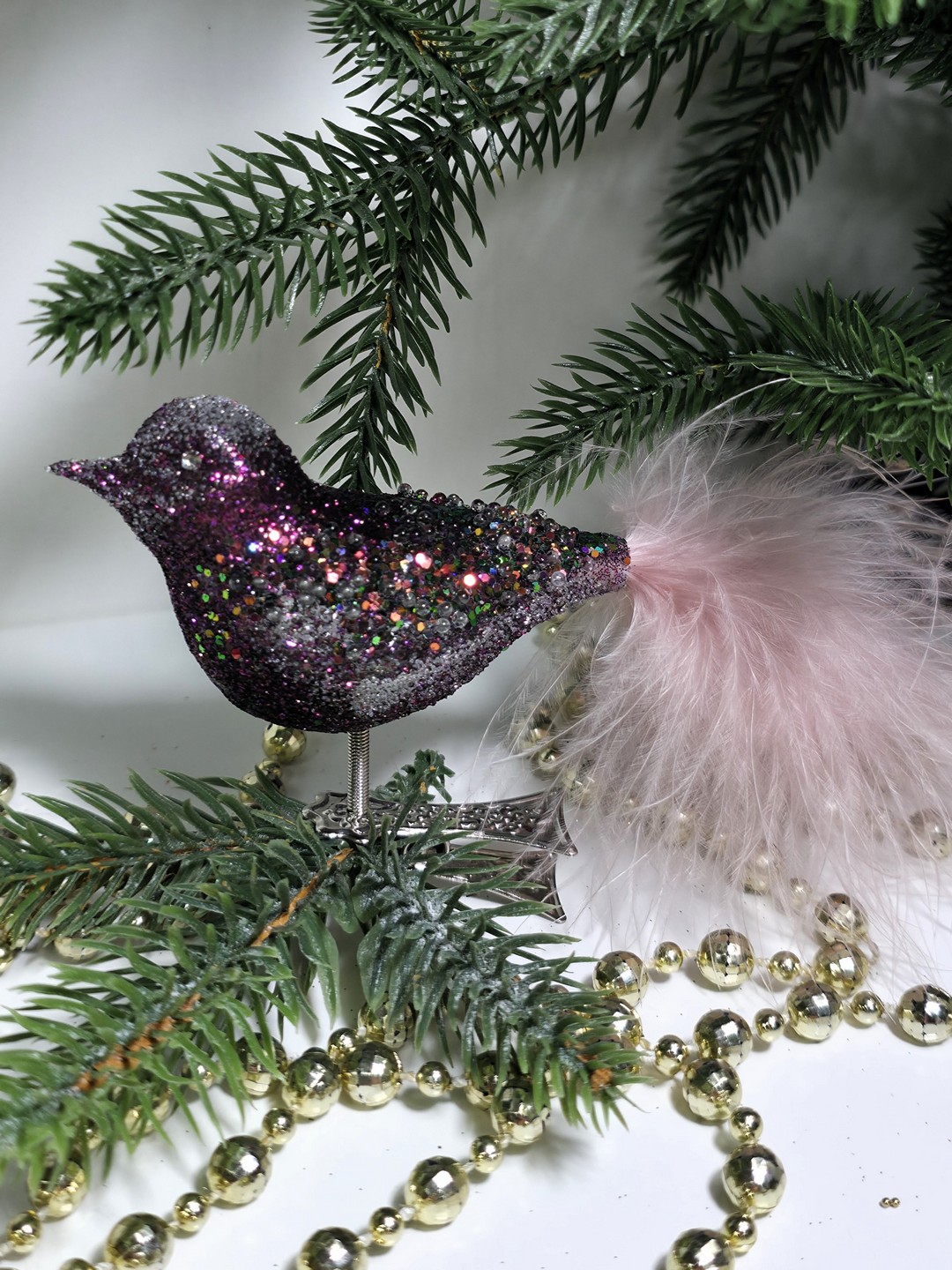 фото Стеклянная елочная игрушка Птичка на прищепке