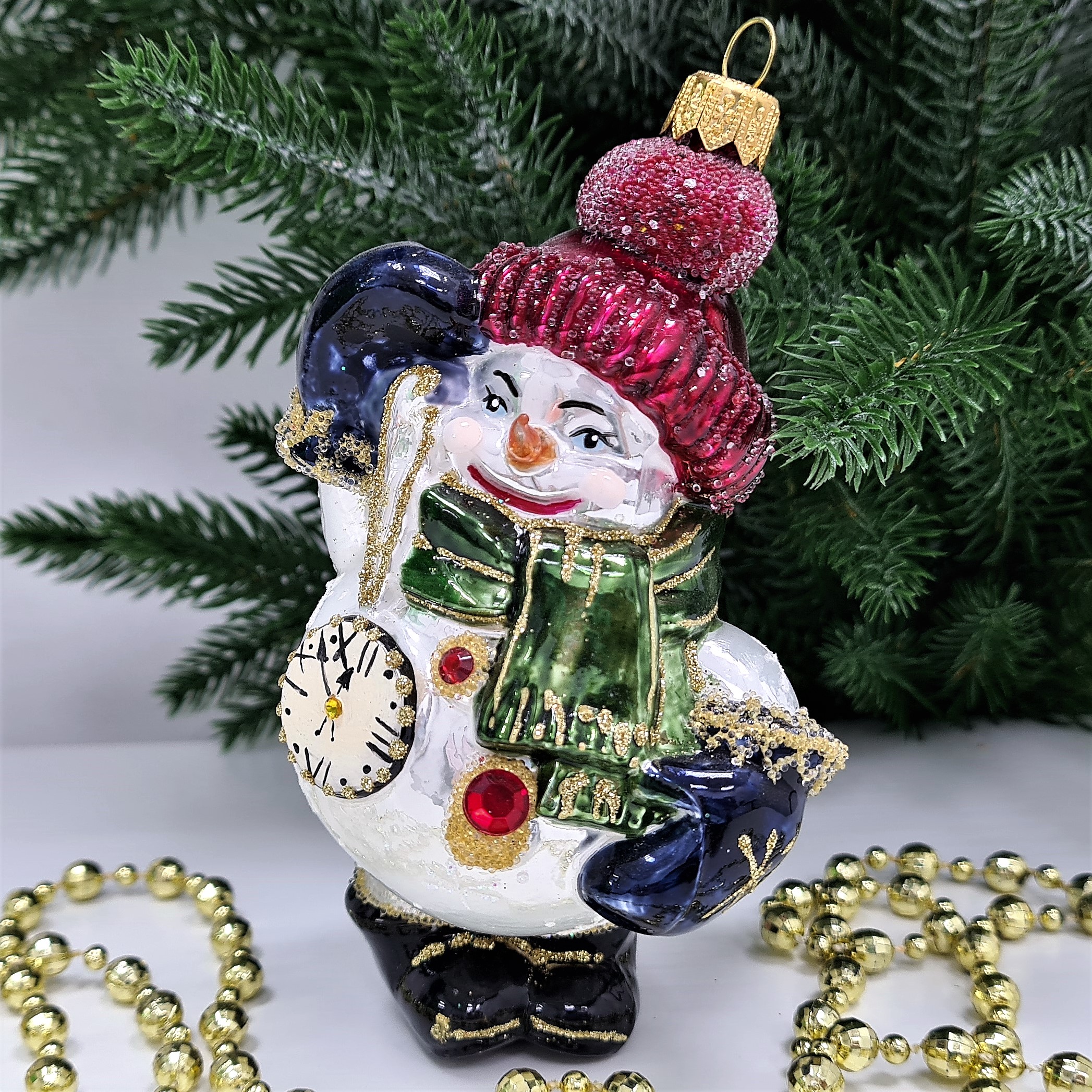 фото Стеклянная елочная игрушка Снеговик с часиками