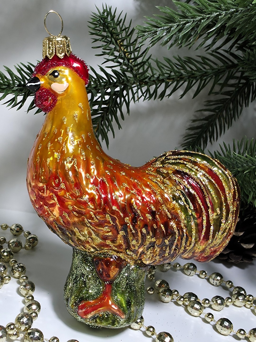 фото Стеклянная елочная игрушка Петушок