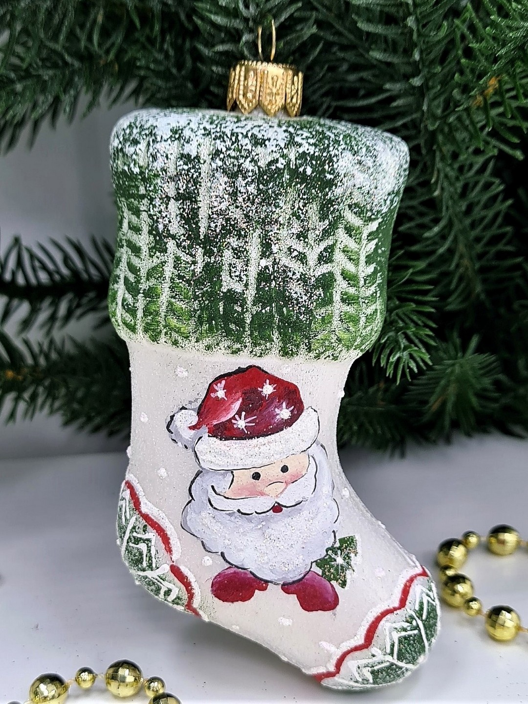 фото Стеклянная елочная игрушка Рождественский носок