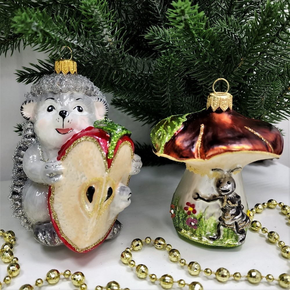 фото Набор ёлочных игрушек Ежик с яблоком и гриб с муравьем