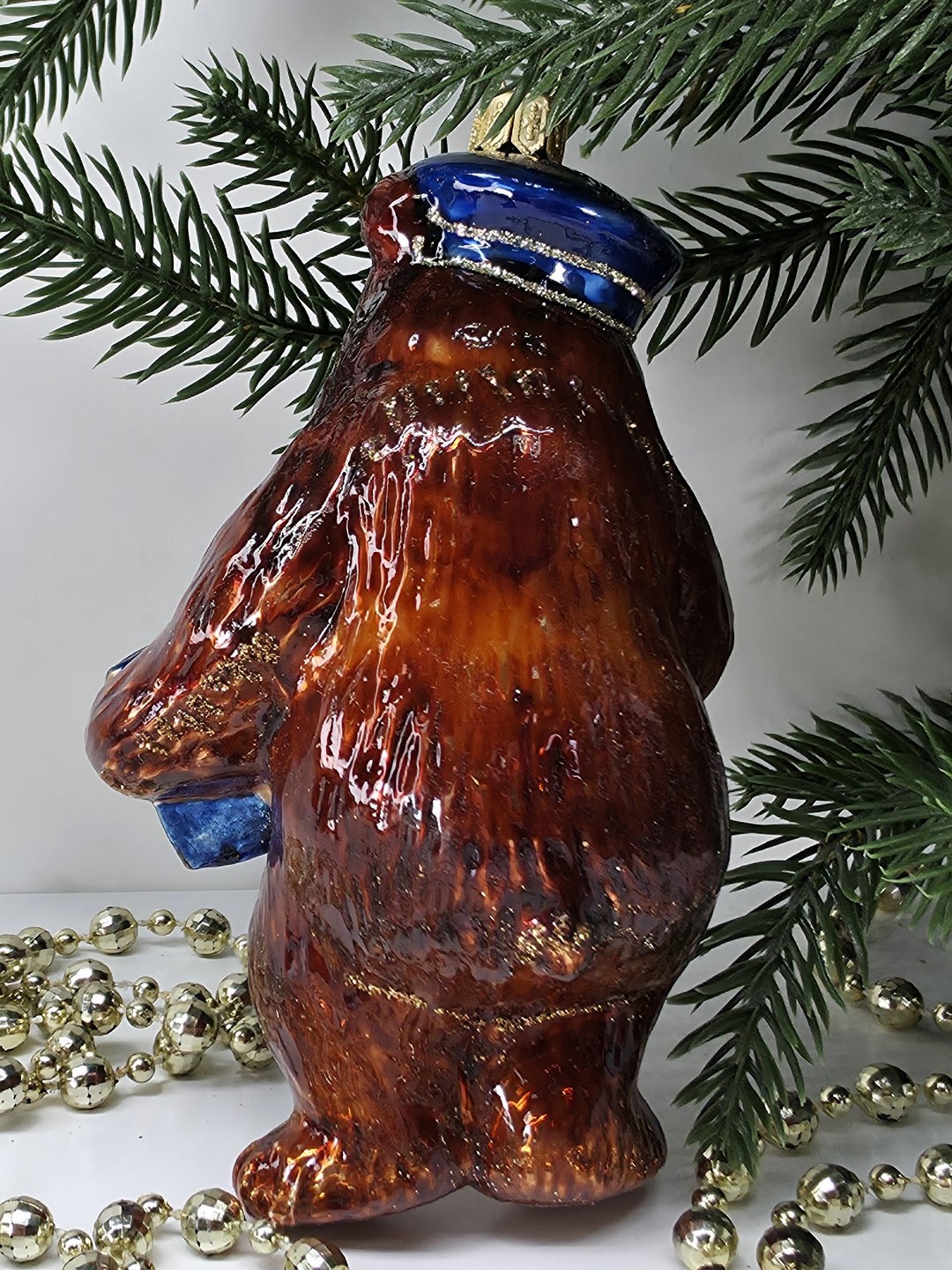 фото Стеклянная елочная игрушка Мишка с гармошкой 2