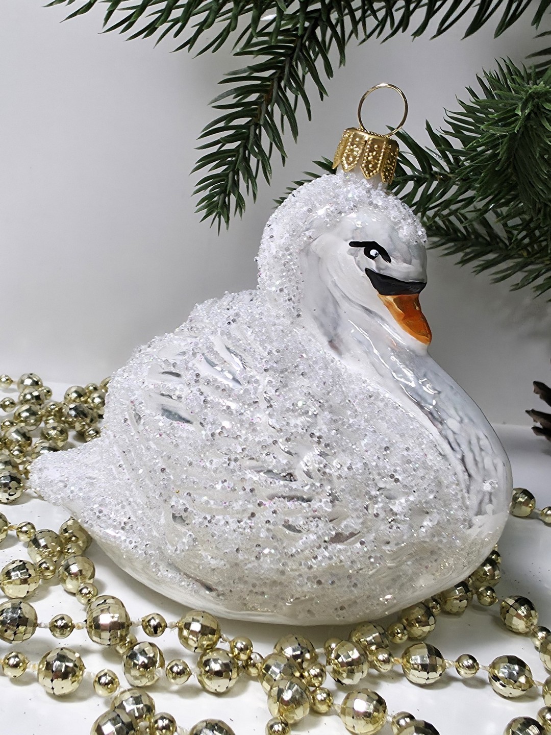 фото Стеклянная елочная игрушка Лебедь белый