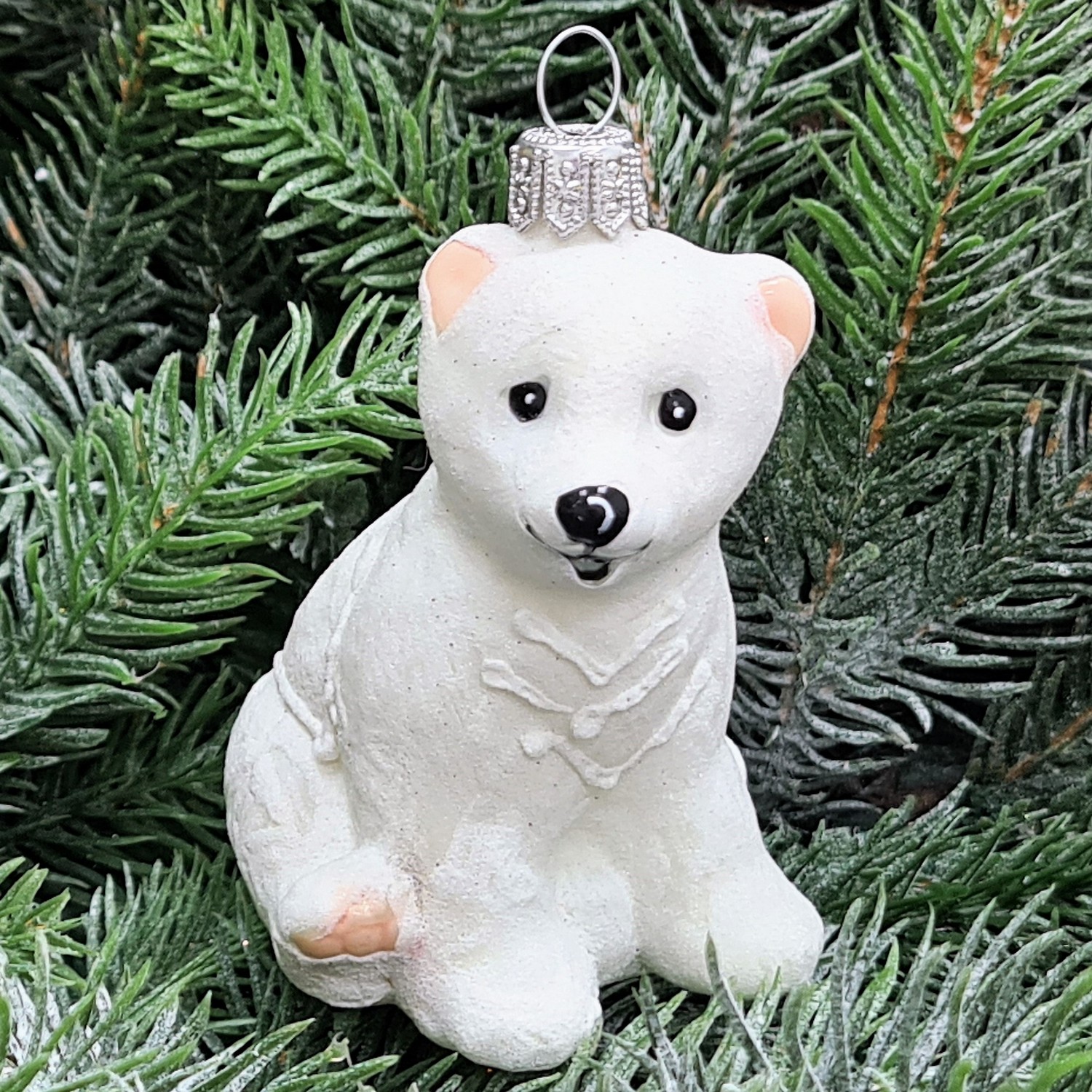 фото Стеклянная елочная игрушка Медвежонок сахар