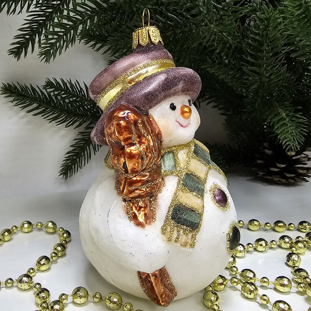 фото Стеклянная елочная игрушка Снеговик сахар