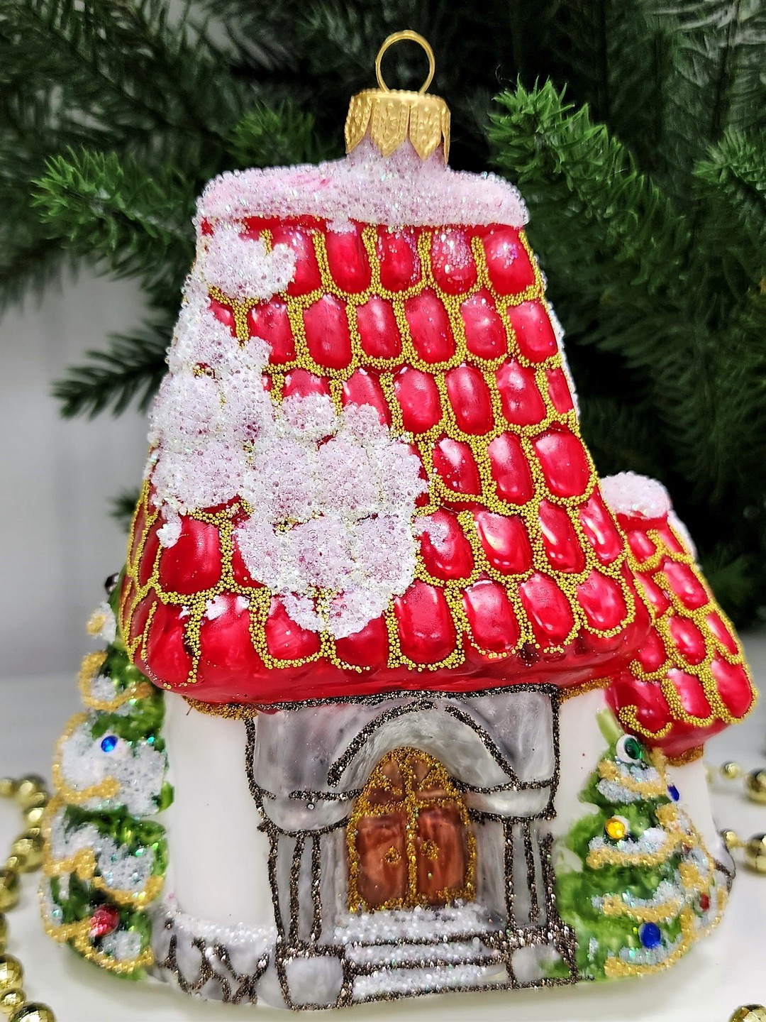 фото Стеклянная елочная игрушка Домик Мельница