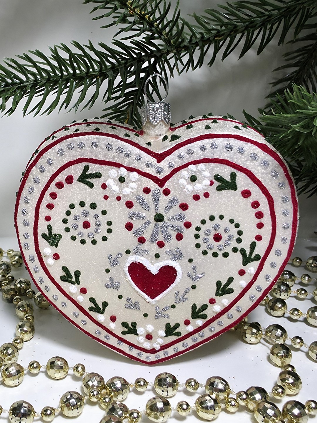 фото Стеклянная елочная игрушка Сердце пряник