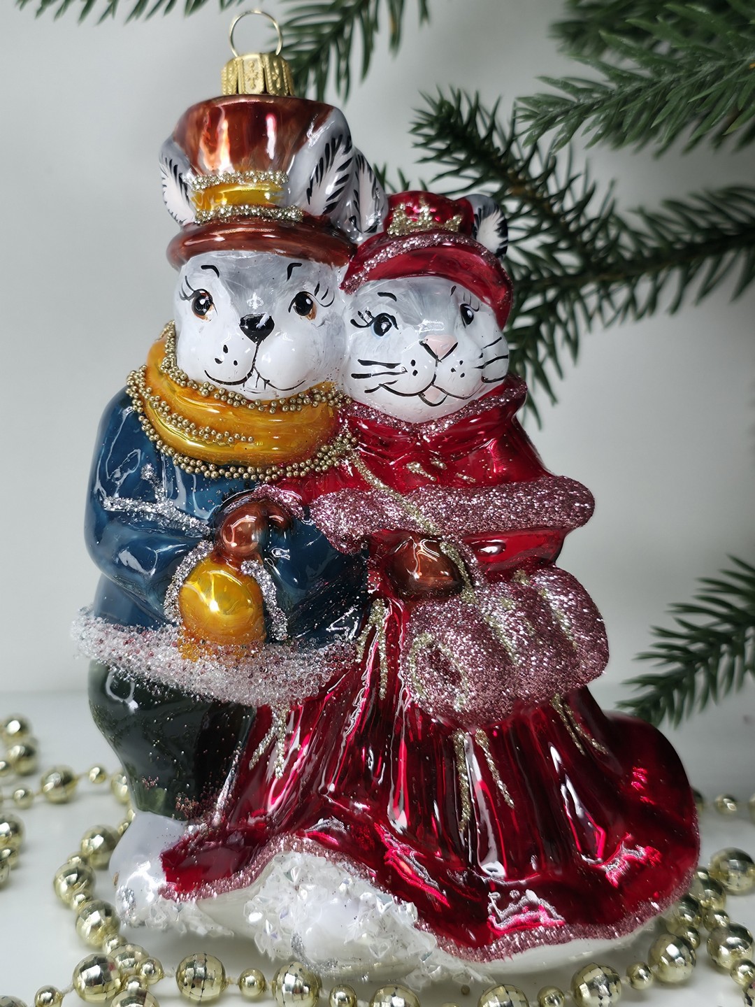 фото Стеклянная елочная игрушка Парочка Зайчат