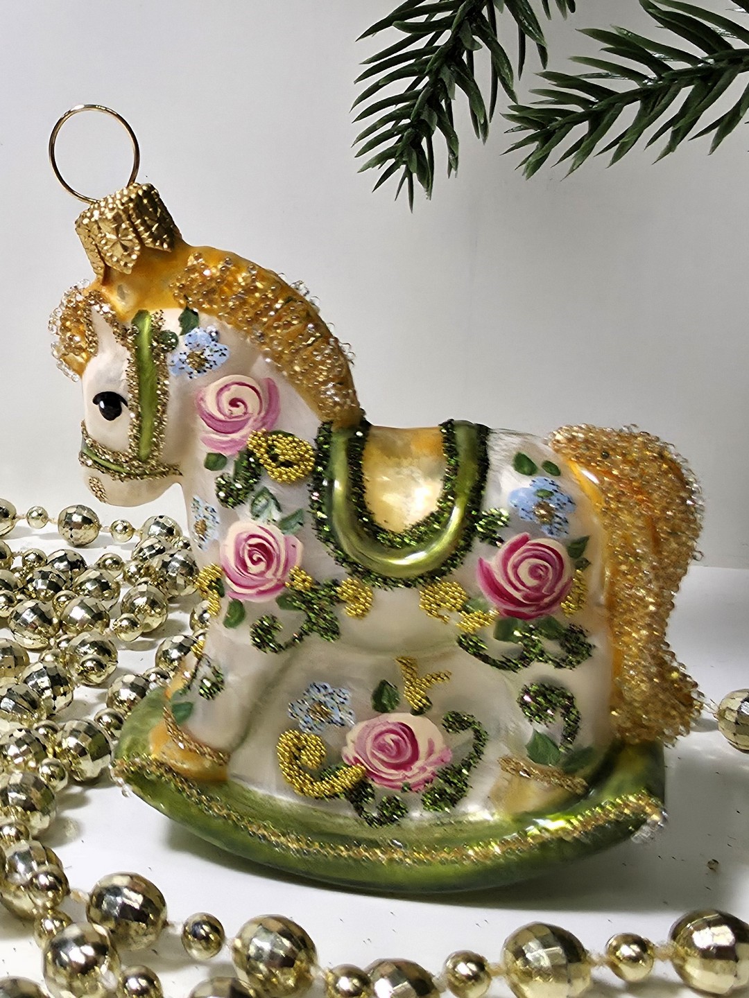 фото Стеклянная елочная игрушка Лошадка качалка Версаль