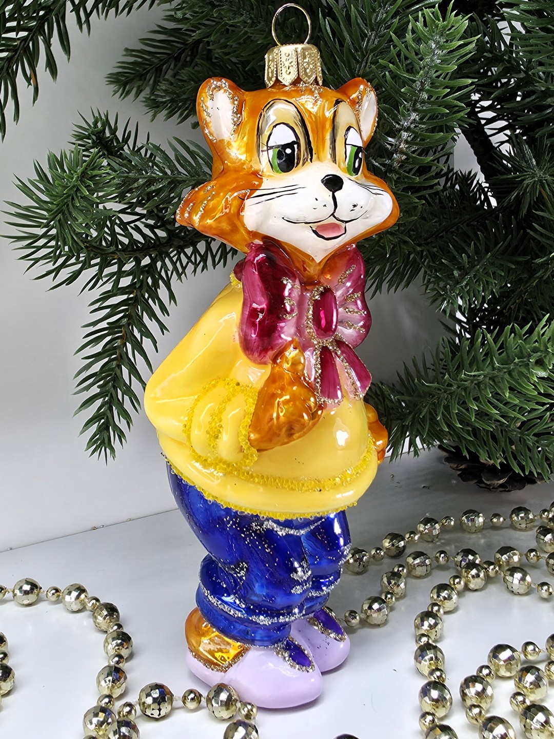 фото Стеклянная елочная игрушка Кот с бантом