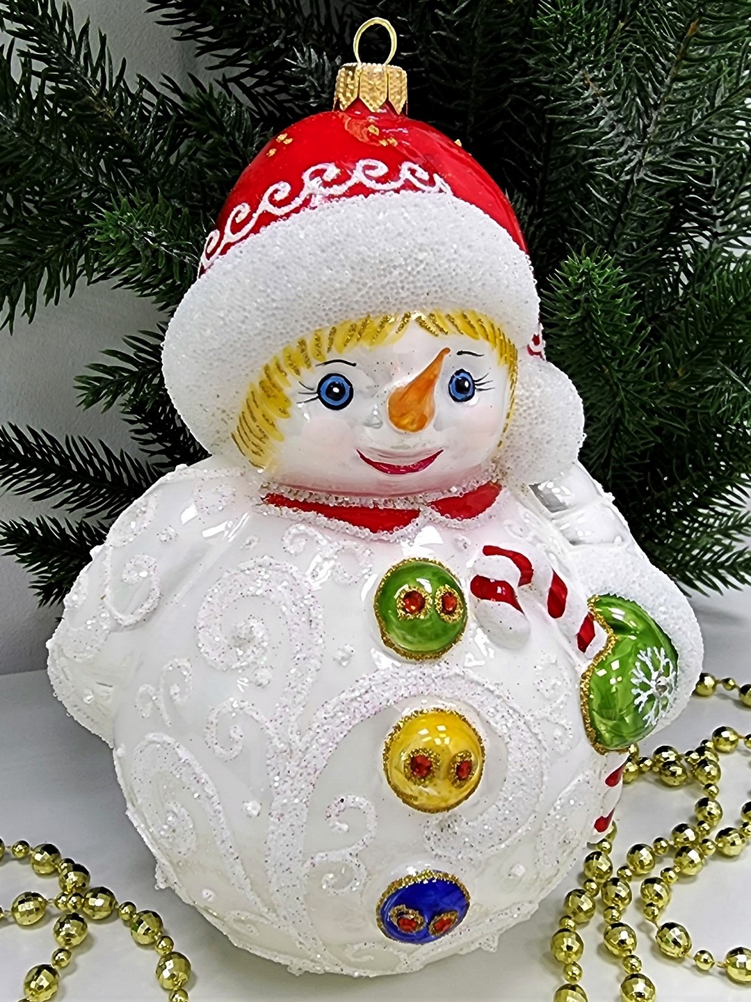 фото Стеклянная елочная игрушка Снеговик большой