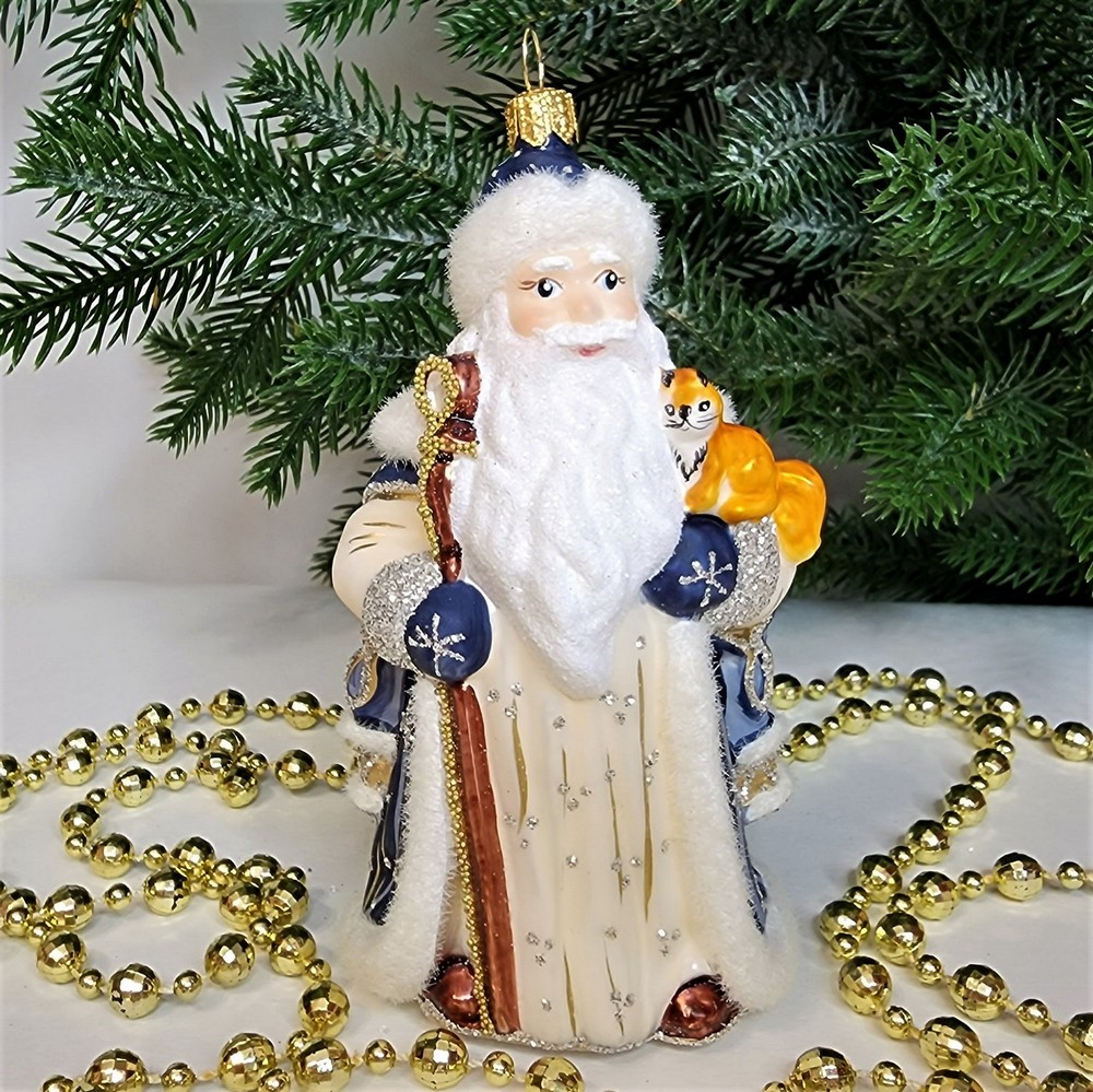 фото Стеклянная елочная игрушка Дед Мороз синий с белочкой