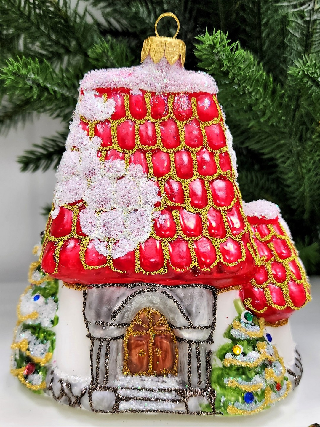 фото Стеклянная елочная игрушка Домик Мельница