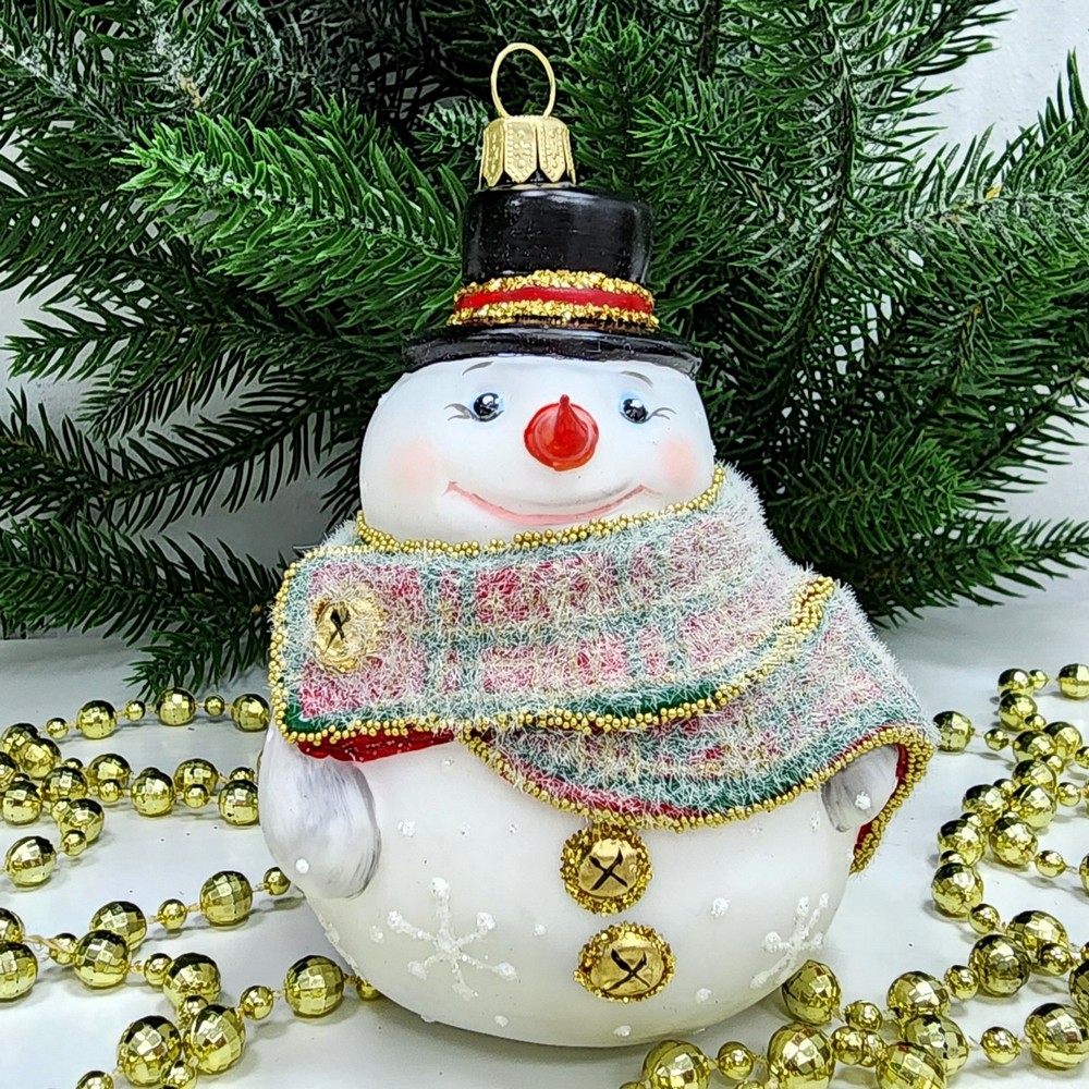 фото Стеклянная елочная игрушка Снеговик в шарфе
