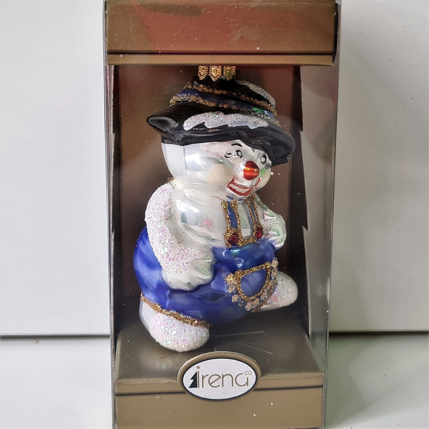 фото Стеклянная елочная игрушка Снеговик в шляпке маленький