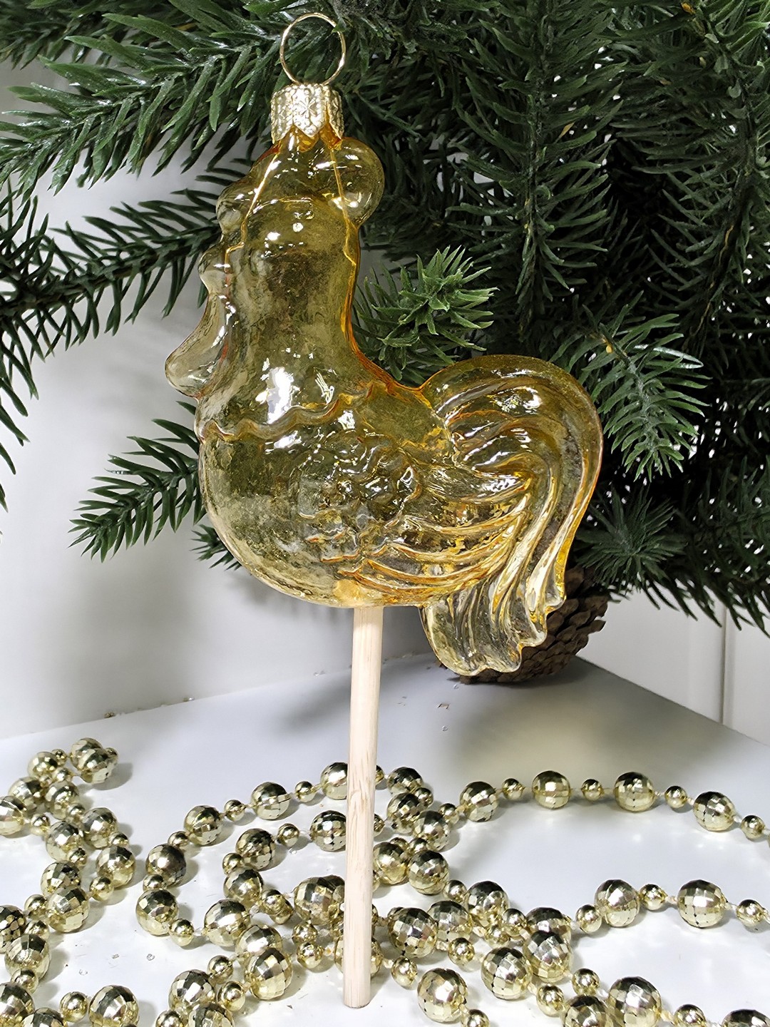 фото Стеклянная елочная игрушка Петушок на палочке