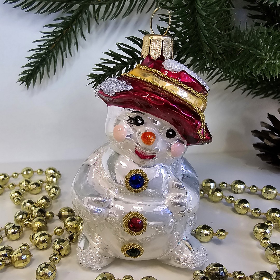 фото Стеклянная елочная игрушка Снеговик в шляпке