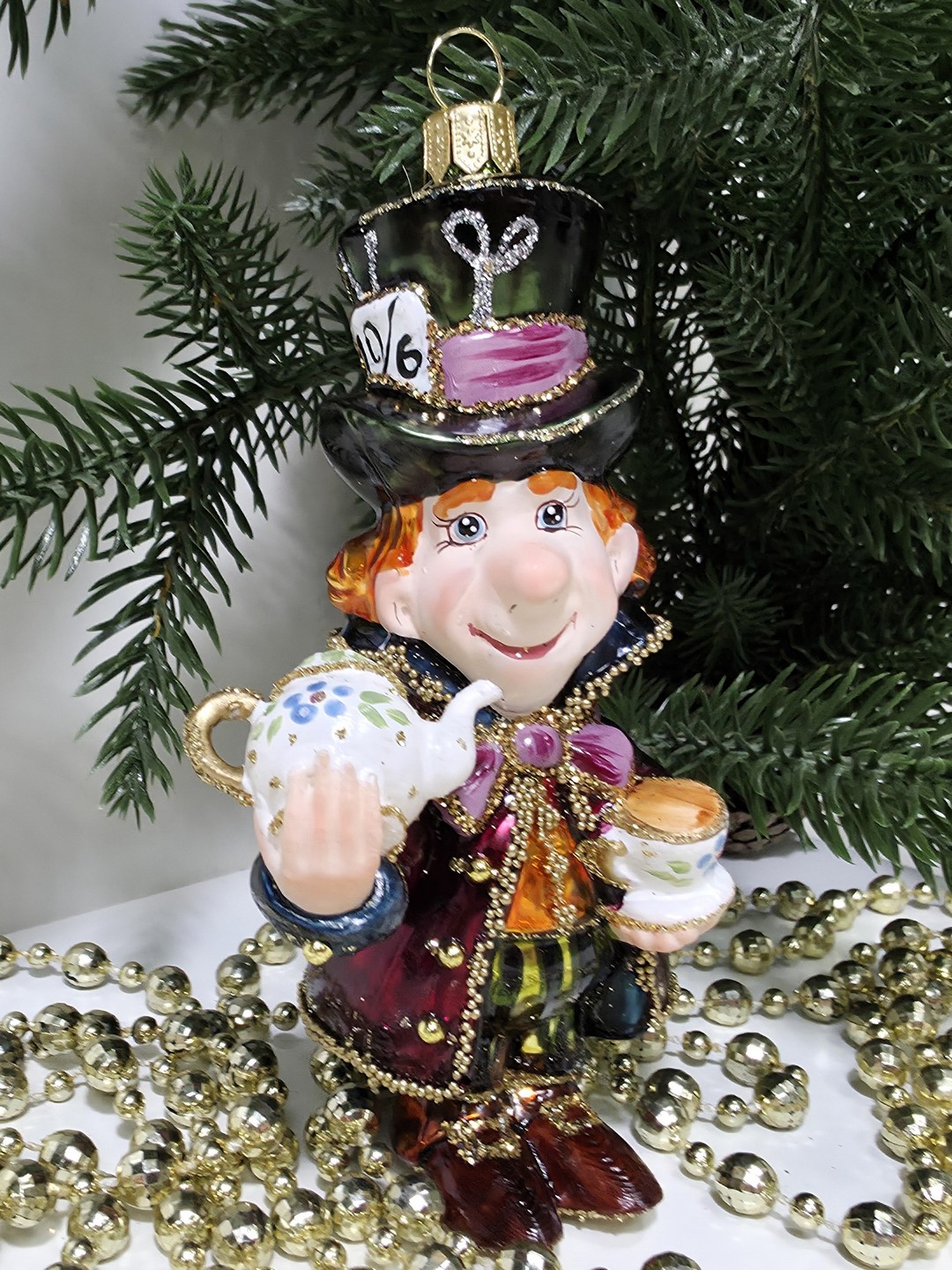 фото Стеклянная елочная игрушка Шляпник с чайником