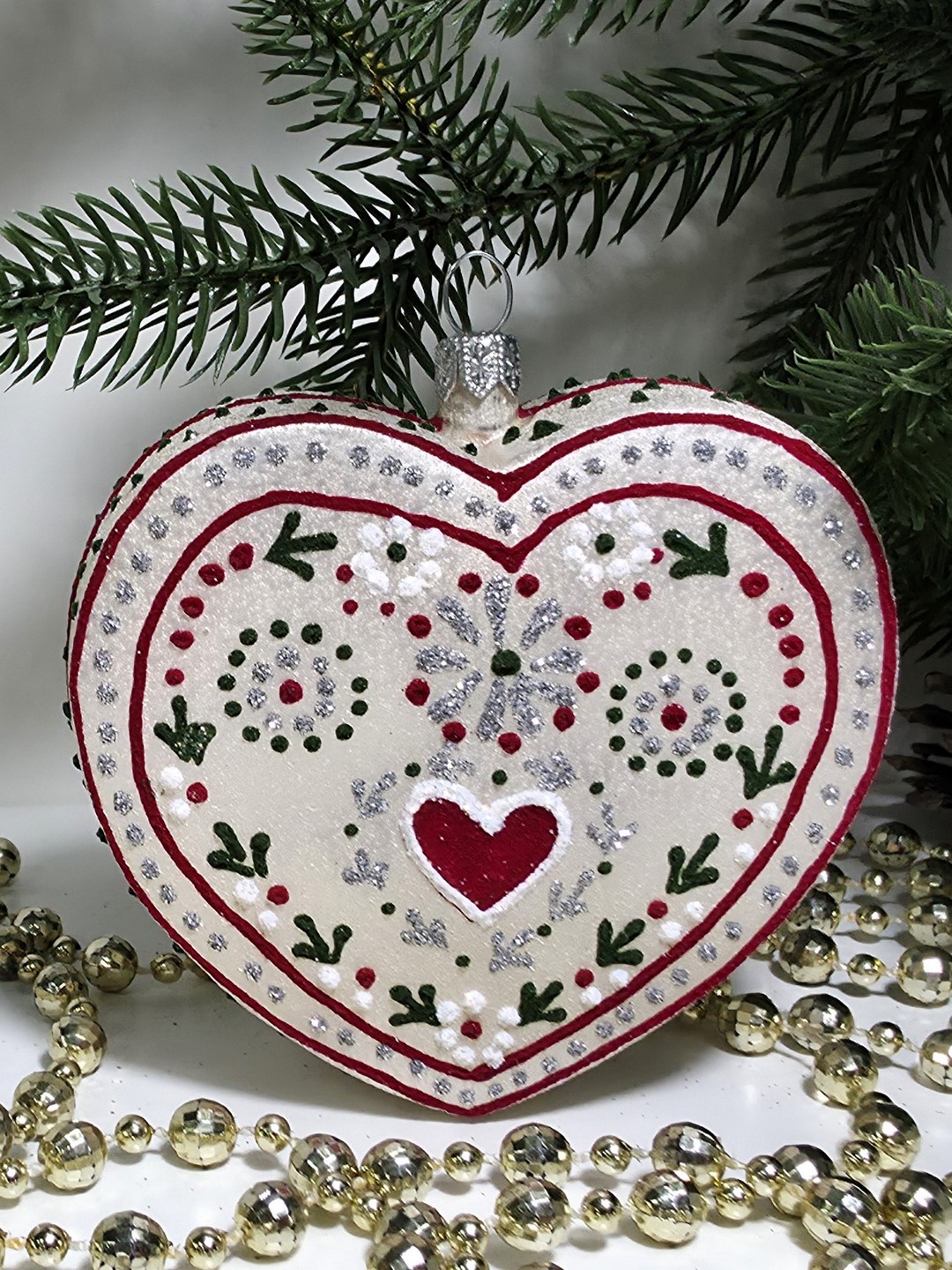 фото Стеклянная елочная игрушка Сердце пряник
