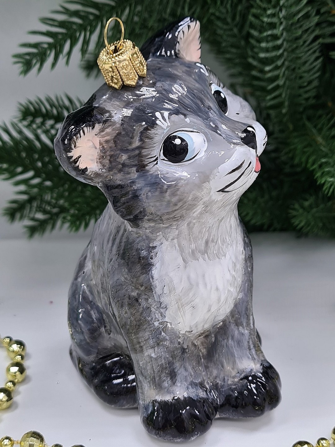 фото Стеклянная елочная игрушка Серый котик