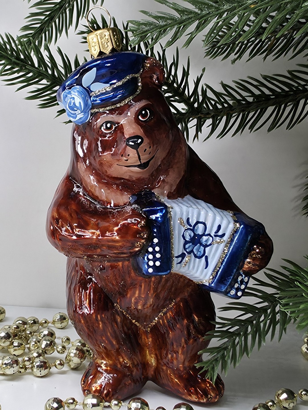 фото Стеклянная елочная игрушка Мишка с гармошкой 2