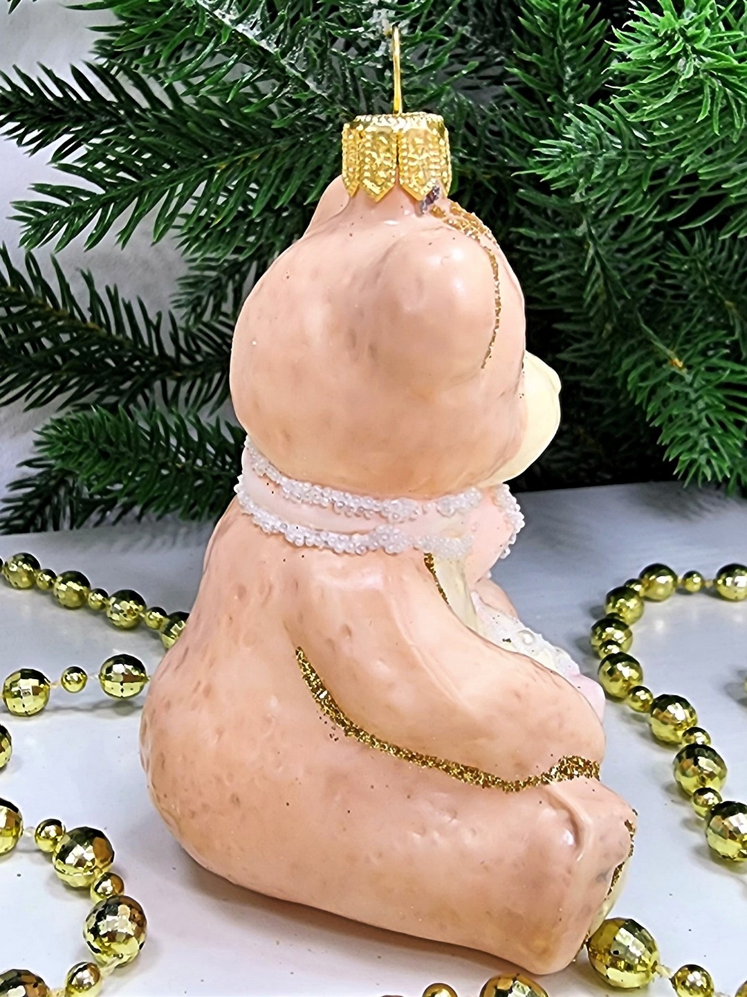 фото Стеклянная елочная игрушка Мишка с подарками детский