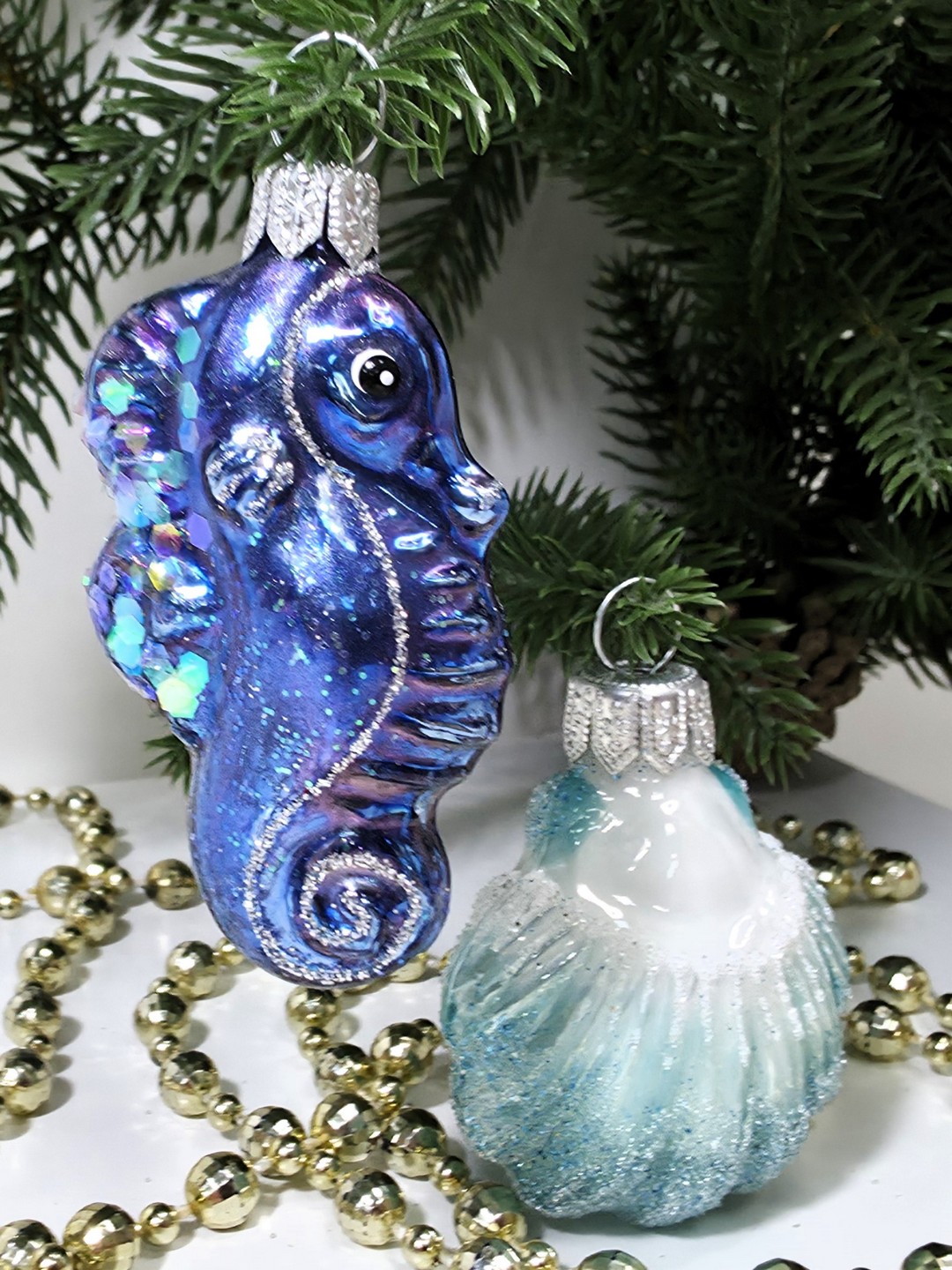 фото Набор ёлочных игрушек Морской конек и ракушка