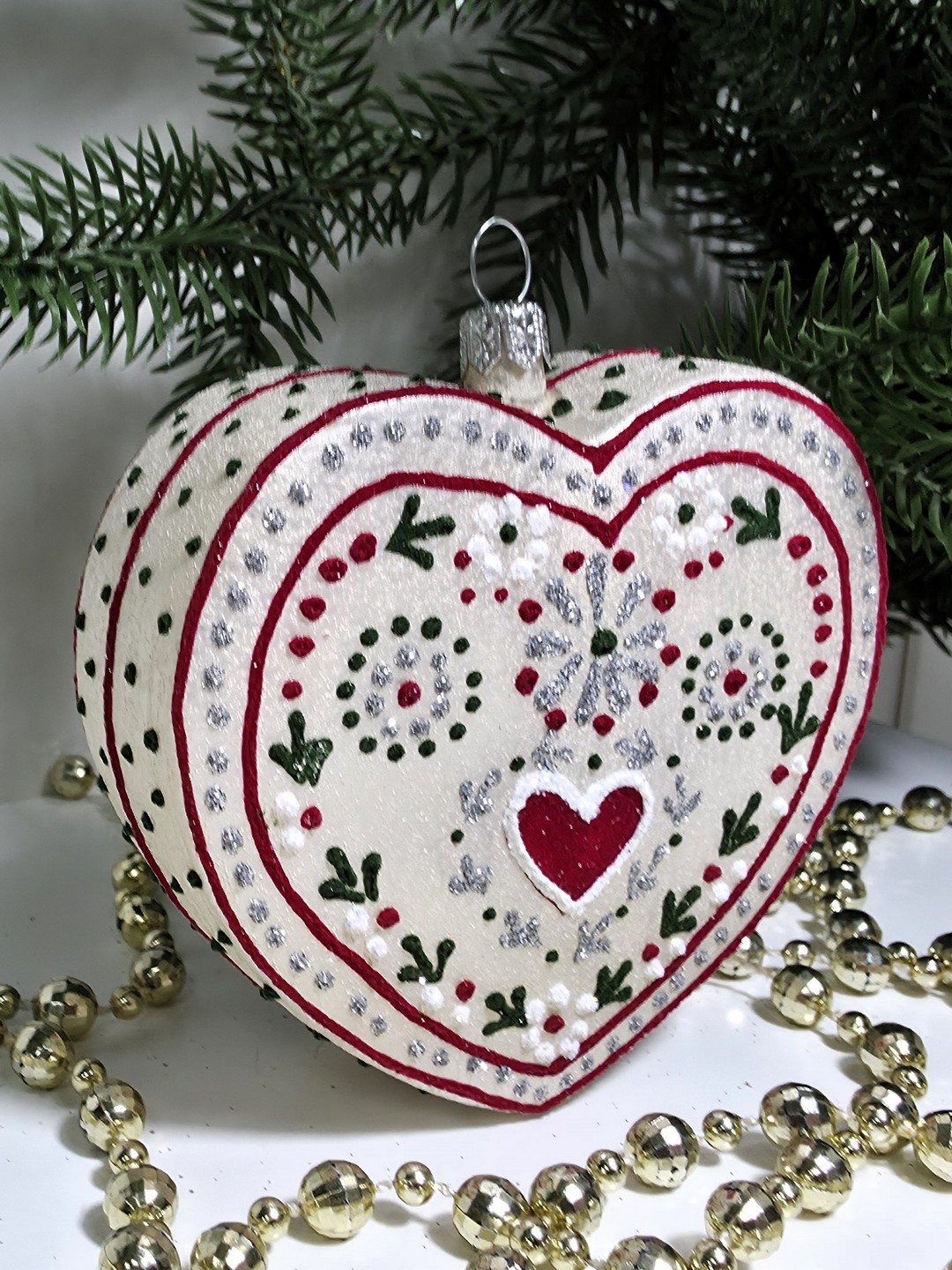 фото Стеклянная елочная игрушка Сердце пряник